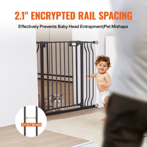 VEVOR baby gate with 2.1-inch encrypted rail spacing, a child on one side, and a cat on the other side.