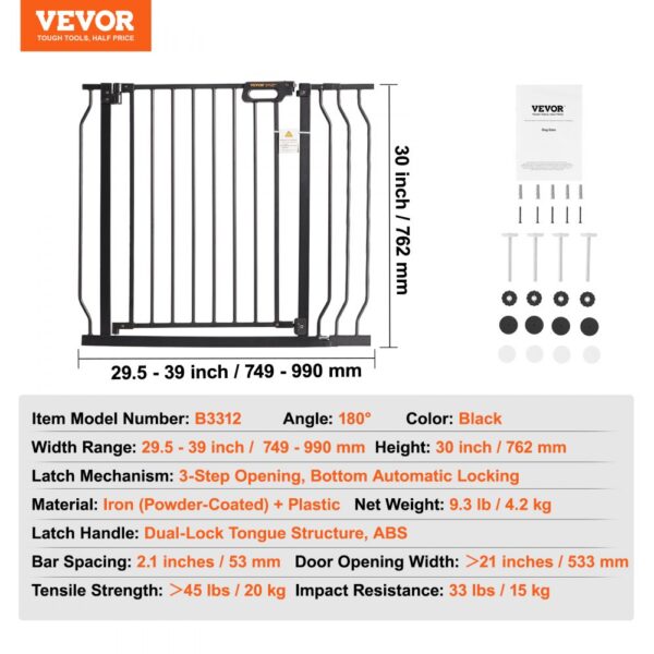 VEVOR baby gate, black, adjustable width 29.5-39 inches, height 30 inches, dual-lock structure, includes hardware.