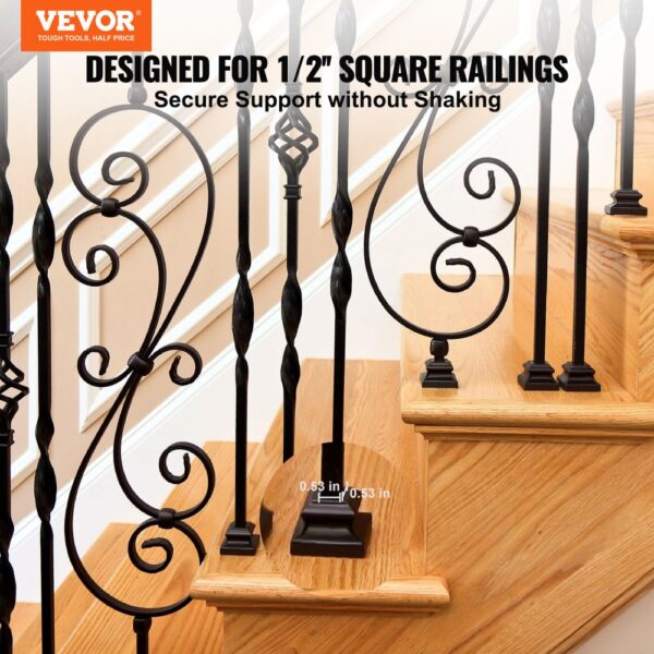 VEVOR aluminum alloy baluster shoes for 1/2" square railings on wooden stairs with ornate black designs.