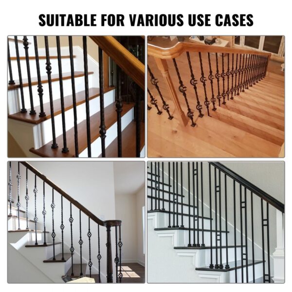 various staircase designs with black VEVOR aluminum alloy baluster shoes, suitable for multiple settings.