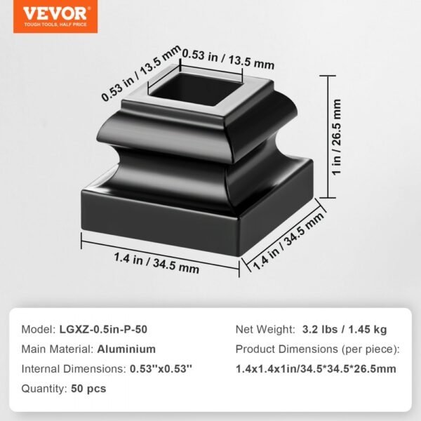 VEVOR aluminum alloy baluster shoes with dimensions and product specifications shown.