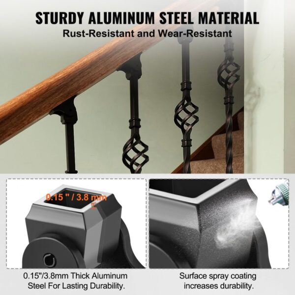 sturdy railing with VEVOR aluminum baluster shoes, 0.15"/3.8mm thickness, and durable spray coating.