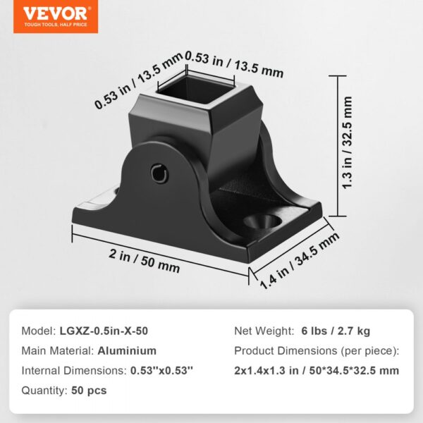 VEVOR aluminum baluster shoes, aluminum, black, 0.53"x0.53", 50 pcs, model lgxz-0.5in-x-50.