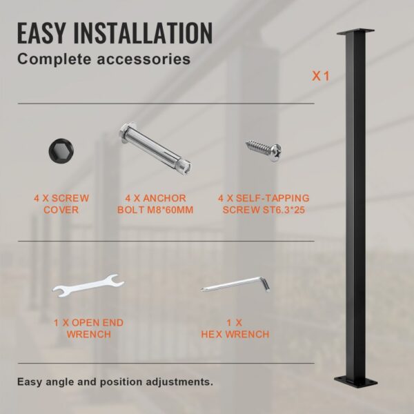 VEVOR cable rail post installation with screws, bolts, wrench, and hex key.