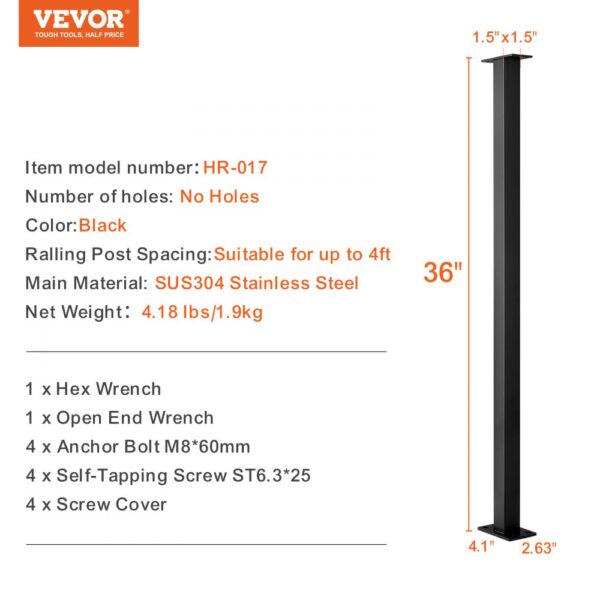 VEVOR cable rail post hr-017, 36" black sus304 stainless steel, 1.5"x1.5".