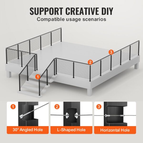 VEVOR cable railing post on a deck with various hole orientations for diy projects.