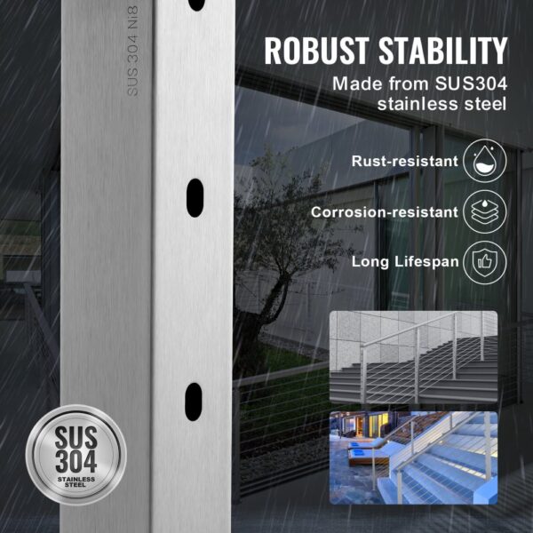 VEVOR cable railing post, sus304 stainless steel, rust-resistant, and corrosion-resistant.