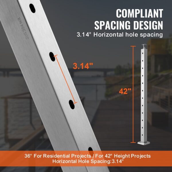 VEVOR cable railing post, compliant spacing design, 3.14" hole spacing.