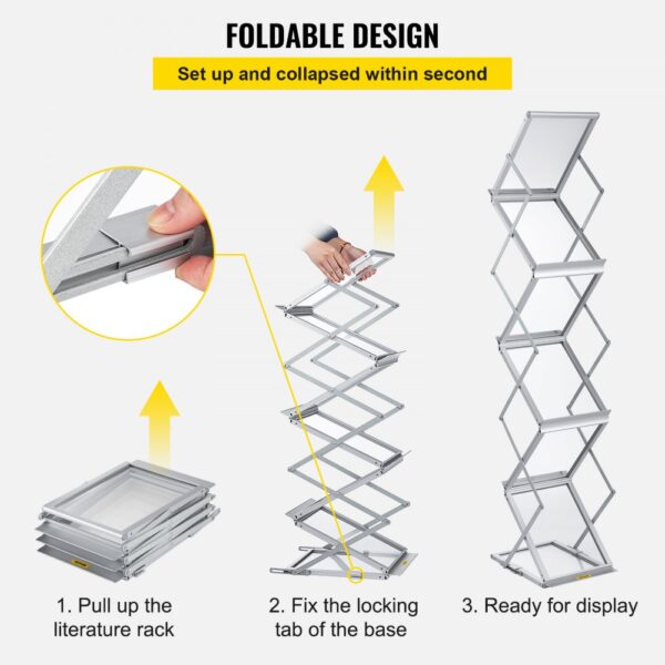 foldable VEVOR magazine rack setup steps: pull, lock, and display in seconds.