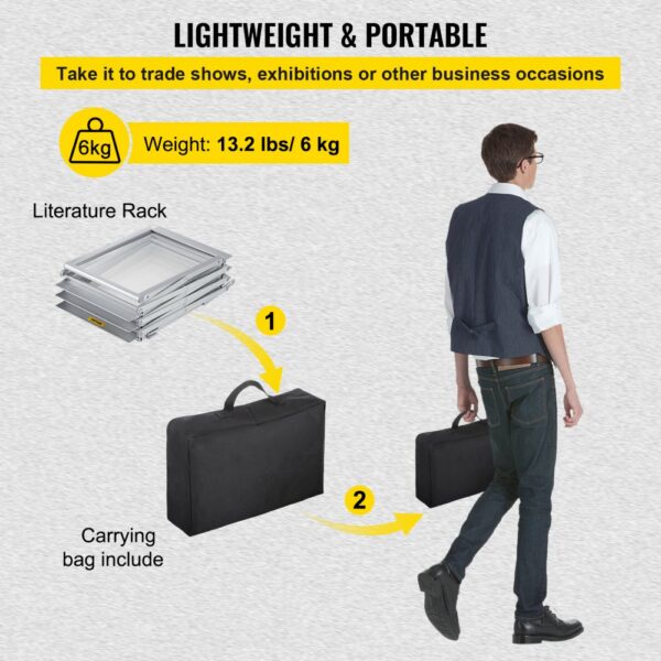 lightweight and portable VEVOR magazine rack for trade shows, with carrying bag included.