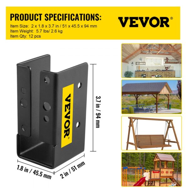 VEVOR concealed joist hanger specifications and applications in various outdoor structures.