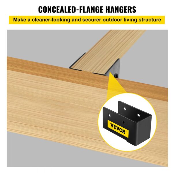 VEVOR concealed joist hanger securing wooden joists, ideal for clean outdoor structures.