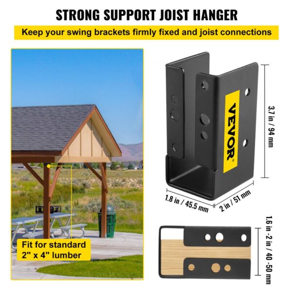 VEVOR concealed joist hanger for 2"x4" lumber with dimensions and outdoor structure.