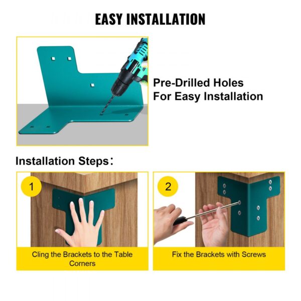 VEVOR workbench brackets installation guide with pre-drilled holes and step-by-step instructions.