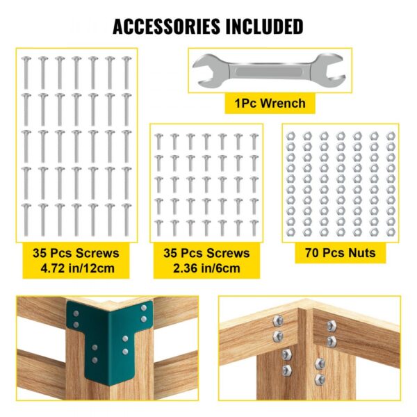 VEVOR workbench brackets, 35 screws (4.72in/12cm), 35 screws (2.36in/6cm), 70 nuts, 1 wrench.