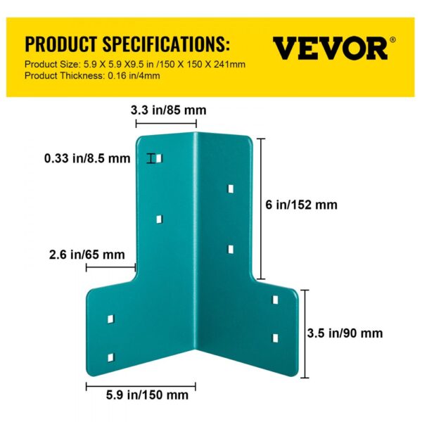 VEVOR workbench brackets with dimensions and specifications in yellow banner.