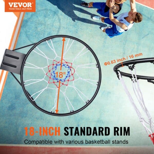 VEVOR basketball hoop - 18-inch standard rim, fits various stands, durable design, and net included.