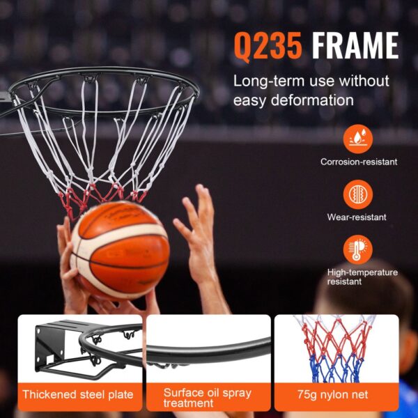 VEVOR basketball hoop with q235 frame, corrosion-resistant, wear-resistant, high-temperature resistant.