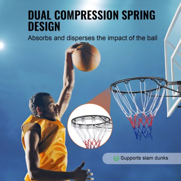 basketball player dunking on a VEVOR basketball hoop with dual compression spring design.