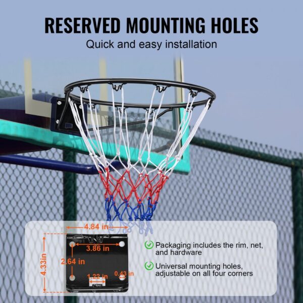 VEVOR basketball hoop with red, white, and blue net, featuring easy installation and universal mounting holes.