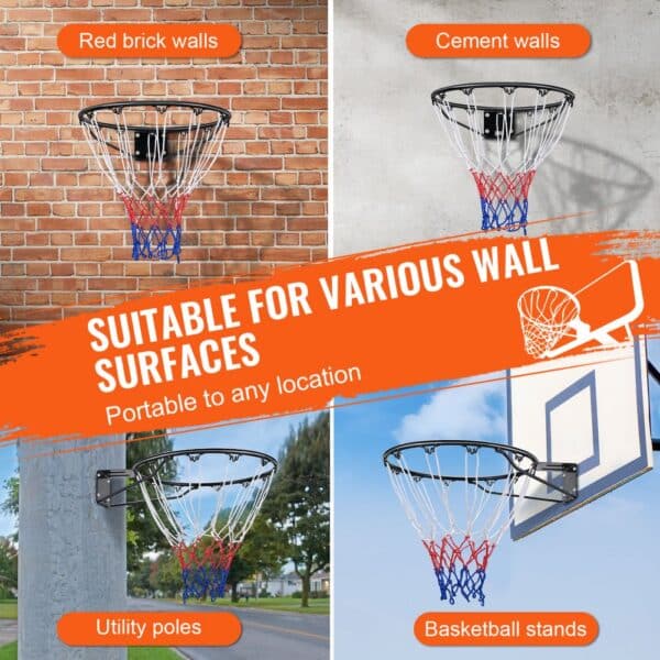 VEVOR basketball hoop mounted on red brick, cement walls, utility poles, and basketball stands.