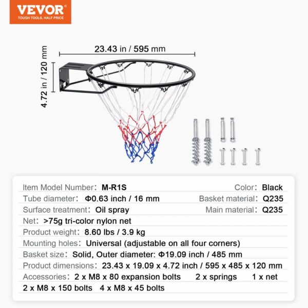 VEVOR basketball hoop with tricolor nylon net, mounting accessories, and measurements in inches and millimeters.