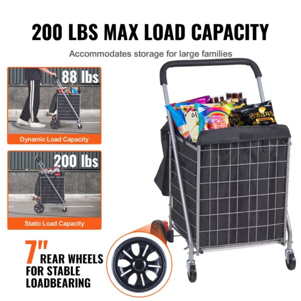 VEVOR folding shopping cart with 200 lbs max load capacity, 7" rear wheels for stable loadbearing.