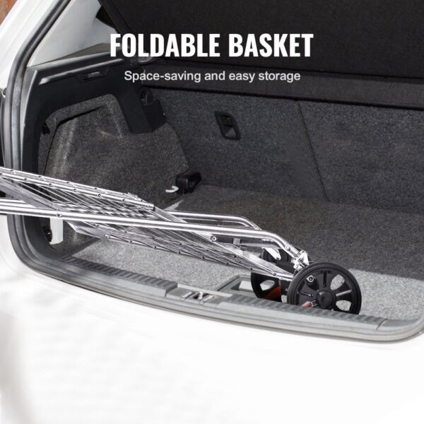 folded VEVOR folding shopping cart in car trunk for space-saving storage.