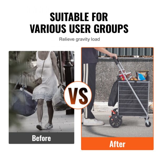 before and after using VEVOR folding shopping cart, showing easier shopping with the cart.