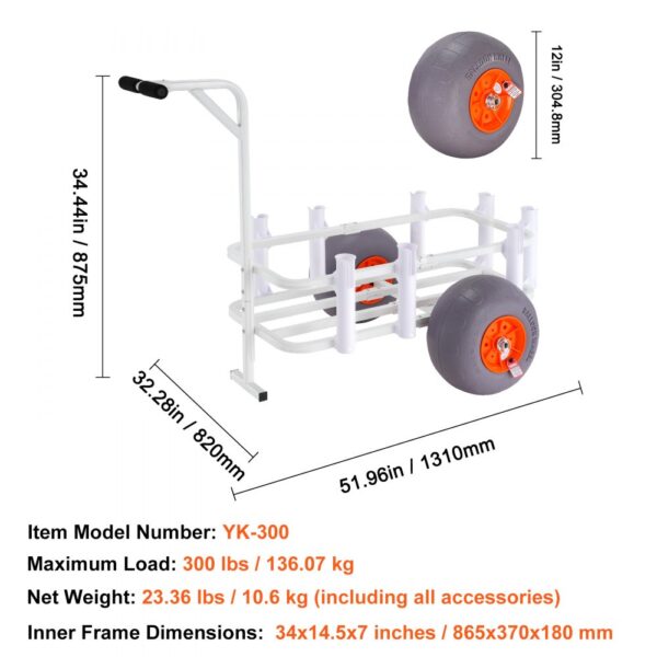 VEVOR beach fishing cart specifications with large wheels, 300 lbs load capacity, and dimensions labeled in inches and mm.