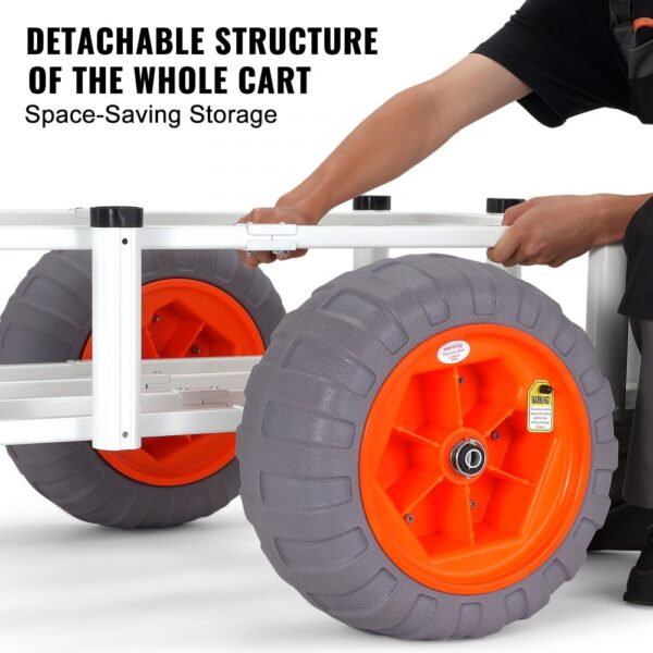 VEVOR beach fishing cart with detachable structure, showcasing large orange wheels for space-saving storage.