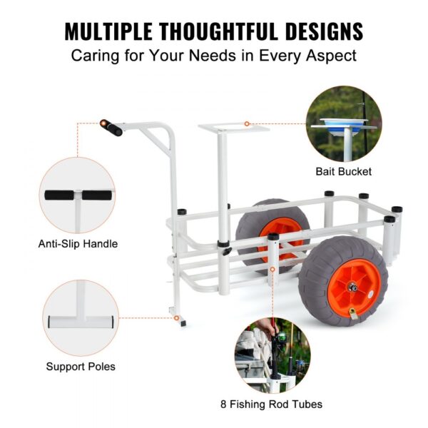 VEVOR beach fishing cart with anti-slip handle, bait bucket, support poles, and 8 fishing rod tubes.