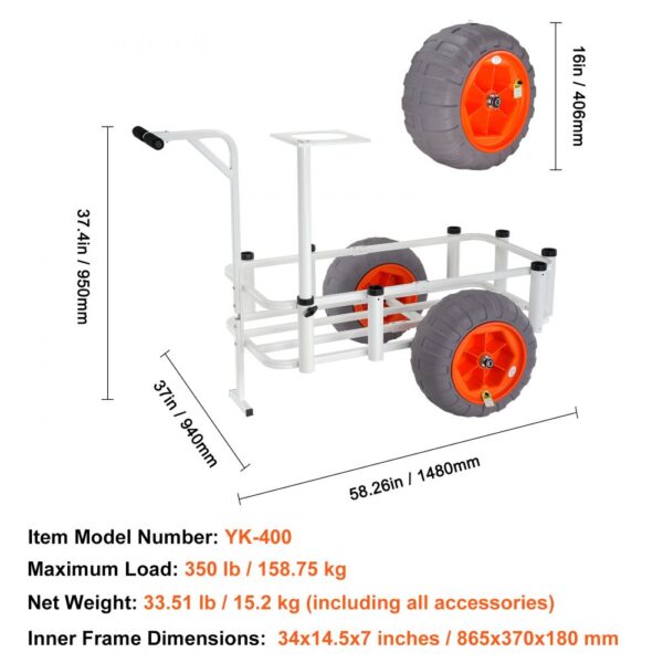 white VEVOR beach fishing cart with orange wheels, 37.4in handle height, and 58.26in length.