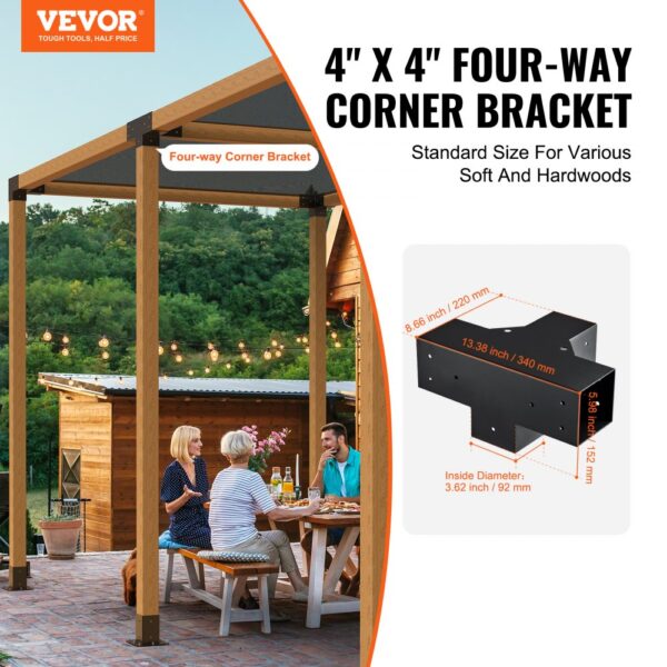 VEVOR pergola bracket kit with 4"x4" four-way corner bracket for various soft and hardwoods.