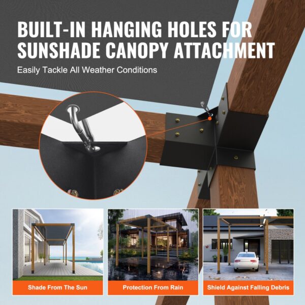 VEVOR pergola bracket kit for all-weather sunshade canopy attachment showcasing shade, rain, and debris protection.