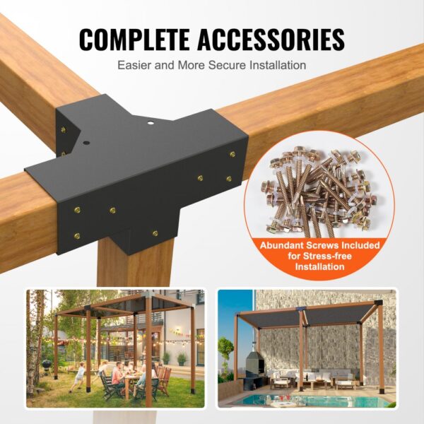 VEVOR pergola bracket kit with screws for easy assembly, showcasing outdoor pergola setups.