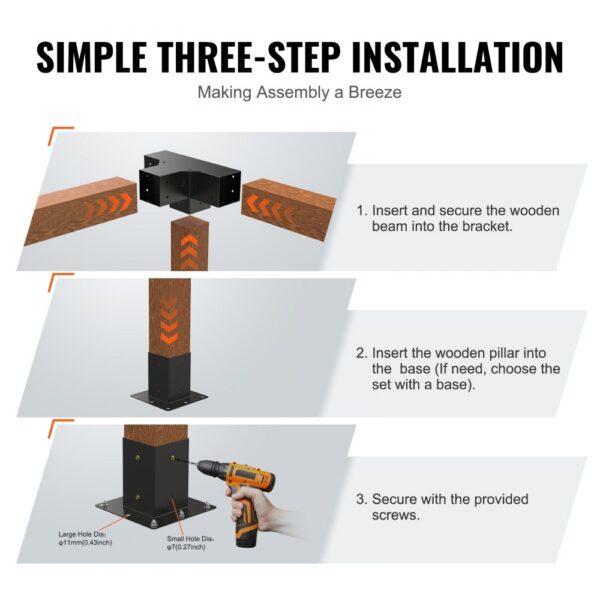 simple three-step installation of VEVOR pergola bracket kit: secure beams, insert pillars, and screw in place.