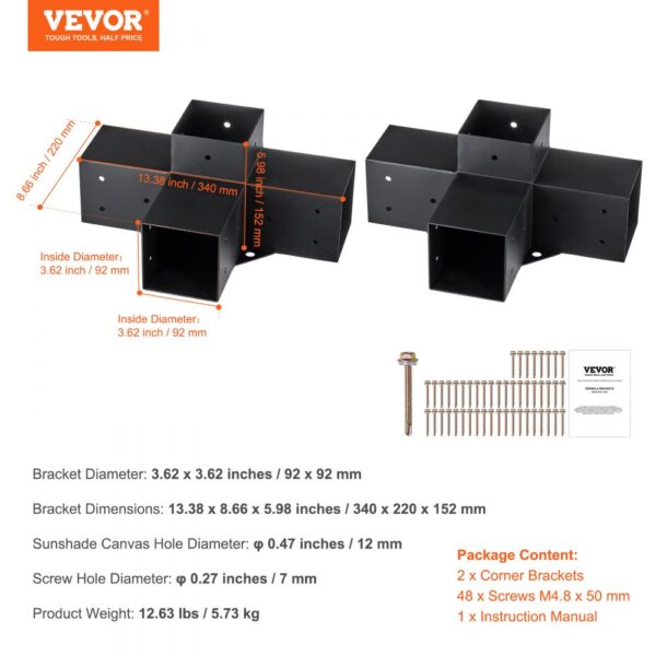 VEVOR pergola bracket kit with corner brackets, screws, and instruction manual.