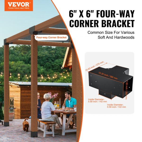 VEVOR pergola bracket kit showcased in a backyard with a pergola and people dining under string lights.