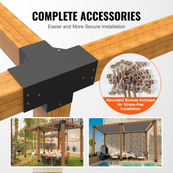 VEVOR pergola bracket kit with screws for easy installation, shown with outdoor pergola setups.