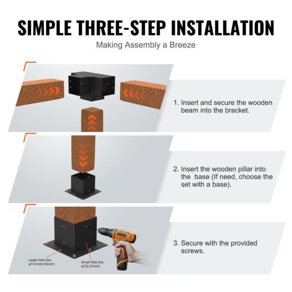 simple three-step installation diagram for VEVOR pergola bracket kit with wooden beams and screws.