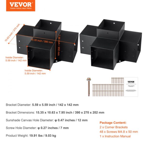 VEVOR pergola bracket kit with screws and instruction manual, 15.35 x 10.63 x 7.95 inch dimensions.