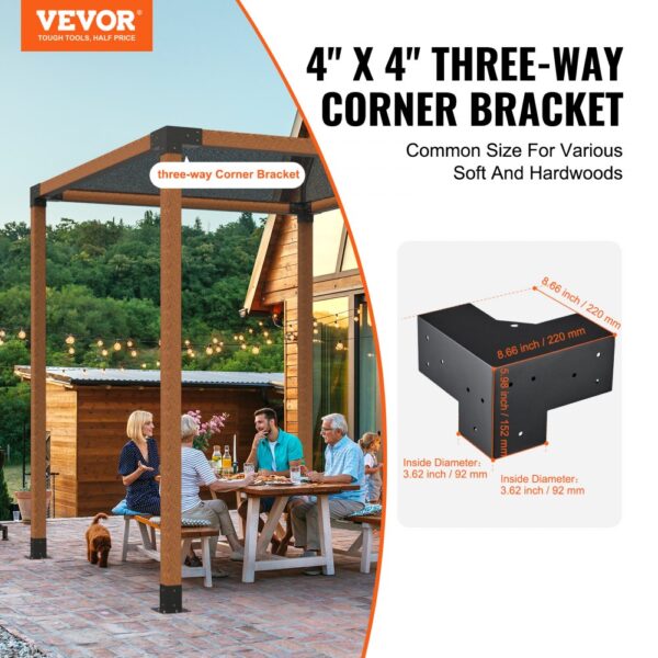 VEVOR pergola bracket kit: outdoor dining under wooden pergola with three-way corner bracket illustration.