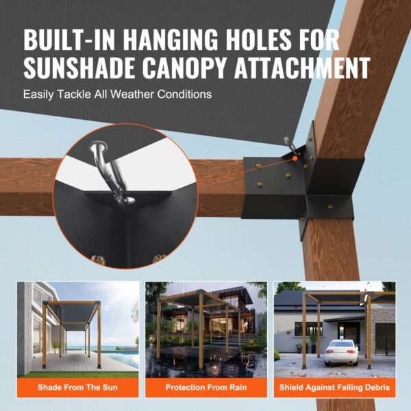 VEVOR pergola bracket kit with built-in hanging holes for canopy attachment, shown in multiple weather conditions.