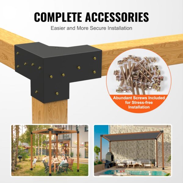 VEVOR pergola bracket kit with screws for easy installation, wooden structure, and outdoor pergola setup.