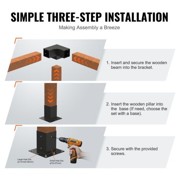 simple three-step installation guide showcasing VEVOR pergola bracket kit with wooden beams and a drill.