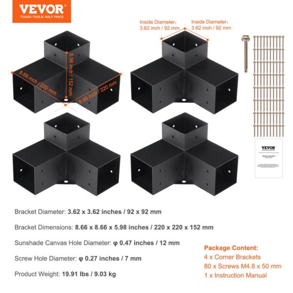 VEVOR pergola bracket kit with 4 corner brackets, screws, and instruction manual, dimensions and specs shown.