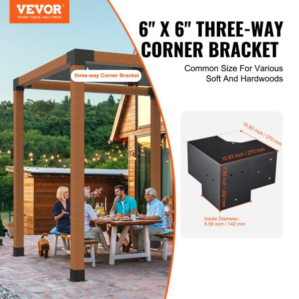 VEVOR pergola bracket kit: 6" x 6" three-way corner bracket for various soft and hardwoods, outdoor gathering scene.