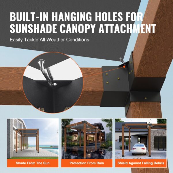 VEVOR pergola bracket kit with hanging holes for sunshade canopy, provides shade, rain protection, and debris shield.