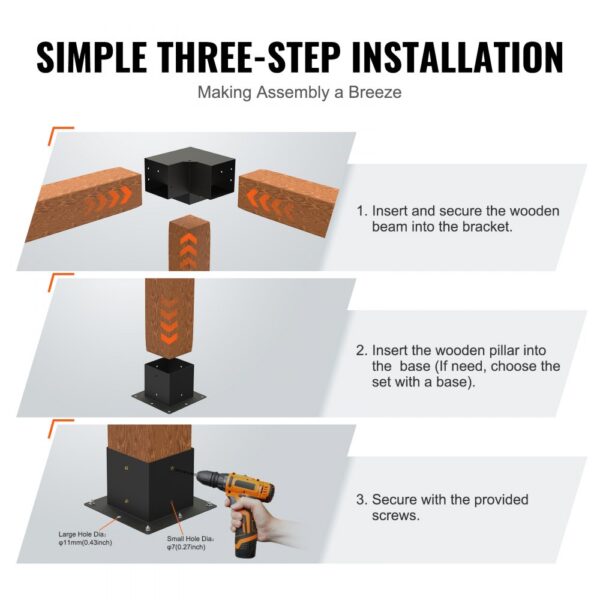 simple three-step installation of VEVOR pergola bracket kit with beams, pillar, and screws.